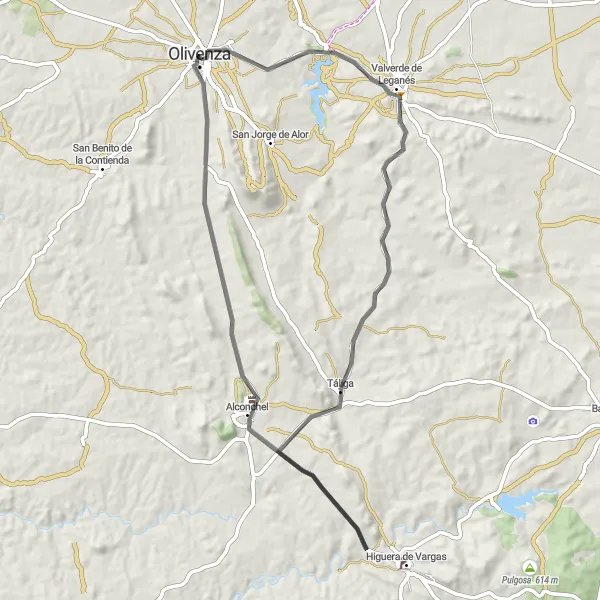 Miniatura mapy "Trasa Szlaków Drogowych Olivenza-Valverde de Leganés-Táliga-Alconchel-Santo Domingo de Guzmán" - trasy rowerowej w Extremadura, Spain. Wygenerowane przez planer tras rowerowych Tarmacs.app