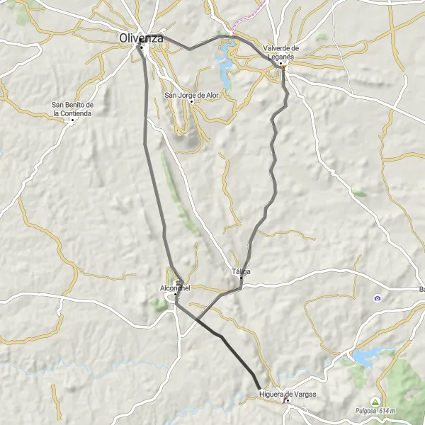 Map miniature of "Rural Retreat" cycling inspiration in Extremadura, Spain. Generated by Tarmacs.app cycling route planner