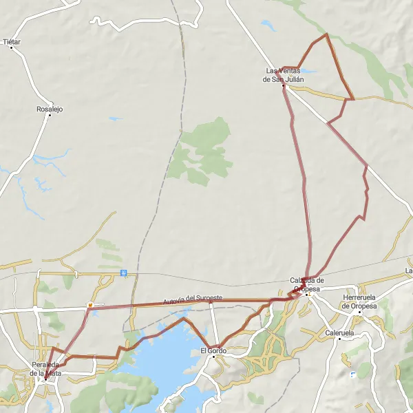 Miniatuurkaart van de fietsinspiratie "Avontuurlijke gravelroute in de natuur" in Extremadura, Spain. Gemaakt door de Tarmacs.app fietsrouteplanner