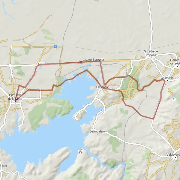 Map miniature of "Peraleda de la Mata to Caleruela Gravel Loop" cycling inspiration in Extremadura, Spain. Generated by Tarmacs.app cycling route planner
