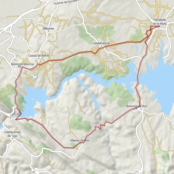 Map miniature of "Peraleda de la Mata to Valdehúncar Gravel Adventure" cycling inspiration in Extremadura, Spain. Generated by Tarmacs.app cycling route planner