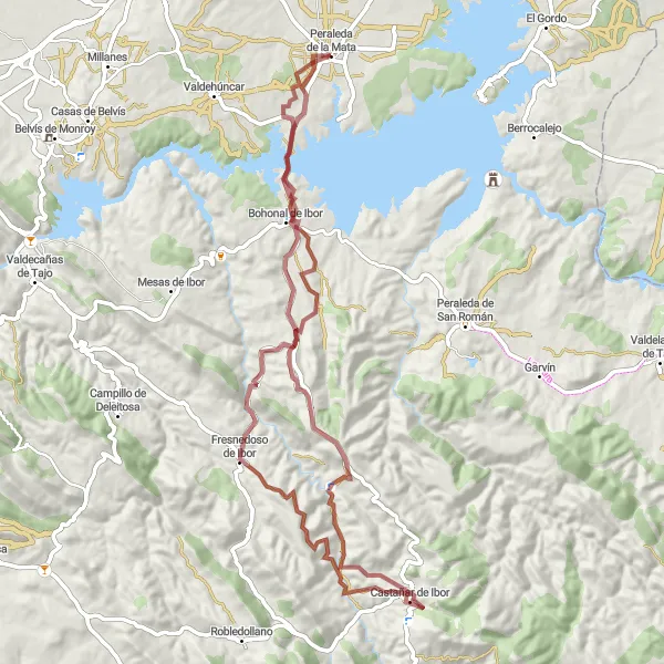 Miniatura mapy "Wyprawa gravelowa z Peraleda de la Mata do Fresnedoso de Ibor" - trasy rowerowej w Extremadura, Spain. Wygenerowane przez planer tras rowerowych Tarmacs.app