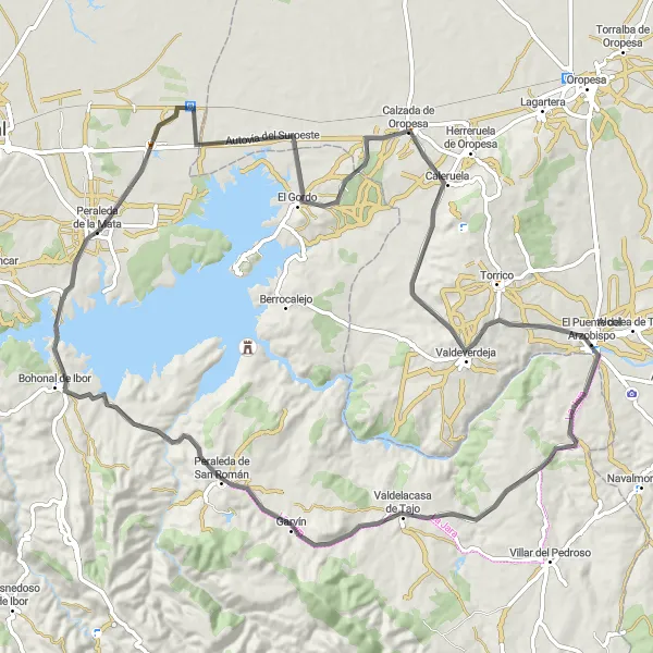 Miniatua del mapa de inspiración ciclista "Ruta de Carretera hacia Bohonal de Ibor" en Extremadura, Spain. Generado por Tarmacs.app planificador de rutas ciclistas