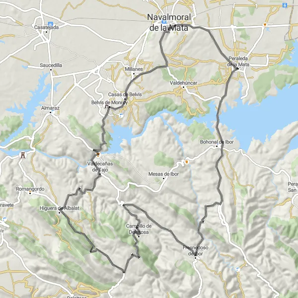 Map miniature of "Peraleda de la Mata to Navalmoral de la Mata Road Adventure" cycling inspiration in Extremadura, Spain. Generated by Tarmacs.app cycling route planner