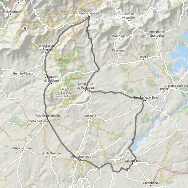 Miniatua del mapa de inspiración ciclista "Ruta de carretera hacia Santa Cruz de Paniagua desde Pinofranqueado" en Extremadura, Spain. Generado por Tarmacs.app planificador de rutas ciclistas