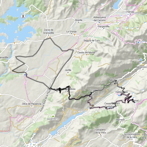 Map miniature of "Montaña Fragosa: A Road Cycling Challenge" cycling inspiration in Extremadura, Spain. Generated by Tarmacs.app cycling route planner
