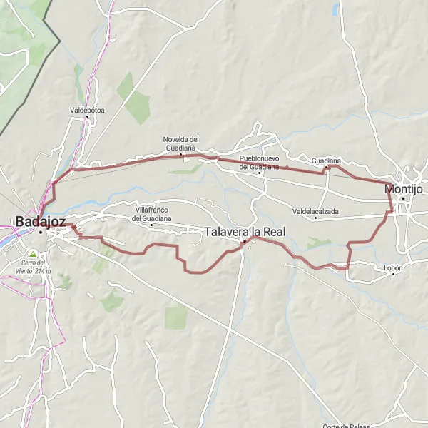 Map miniature of "Mountain Biking Adventure: Exploring Alcazaba de Badajoz" cycling inspiration in Extremadura, Spain. Generated by Tarmacs.app cycling route planner
