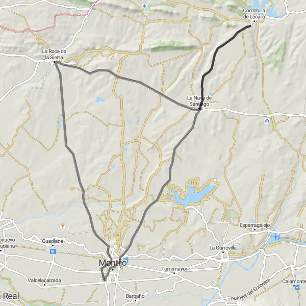 Miniatua del mapa de inspiración ciclista "Ruta en bicicleta por carretera desde Puebla de la Calzada" en Extremadura, Spain. Generado por Tarmacs.app planificador de rutas ciclistas