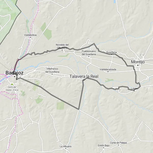 Miniatua del mapa de inspiración ciclista "Ruta de Carretera Lobón-Talavera-Suerte de Saavedra-Guadiana-Puebla de la Calzada" en Extremadura, Spain. Generado por Tarmacs.app planificador de rutas ciclistas