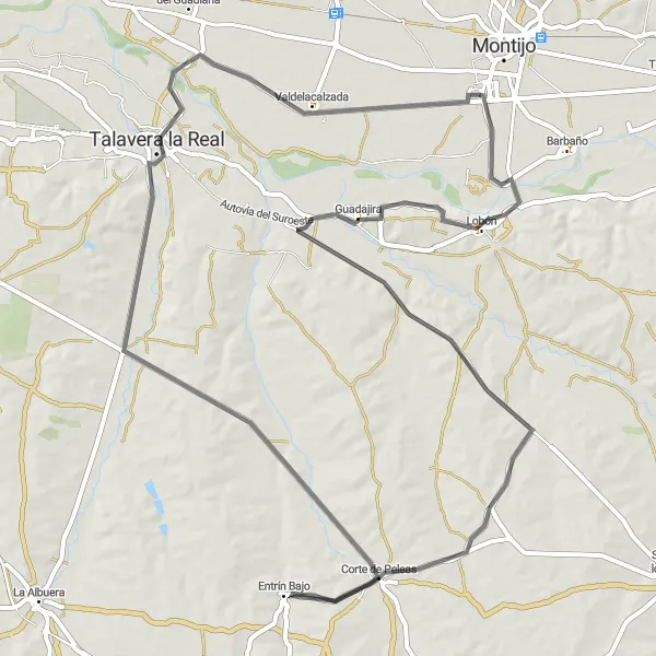Miniatua del mapa de inspiración ciclista "Ruta de Carretera Lobón-Entrín Bajo-Talavera-Valdelacalzada" en Extremadura, Spain. Generado por Tarmacs.app planificador de rutas ciclistas