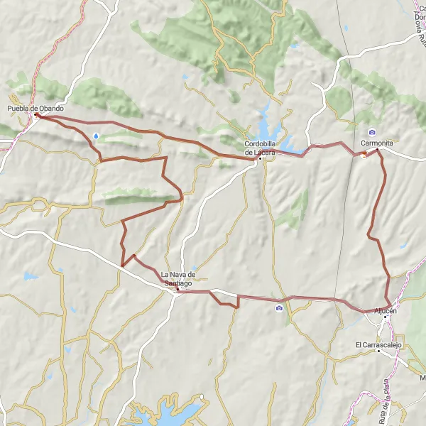 Miniatua del mapa de inspiración ciclista "Ruta por caminos de tierra cerca de Puebla de Obando" en Extremadura, Spain. Generado por Tarmacs.app planificador de rutas ciclistas