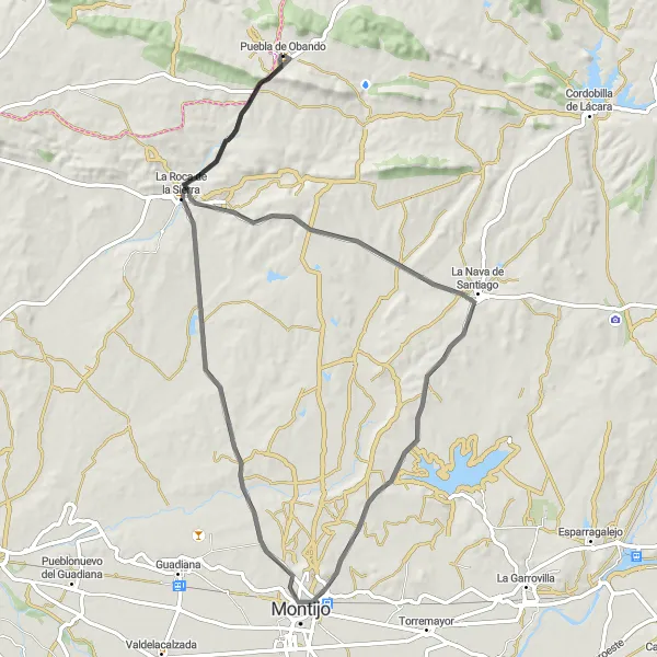 Map miniature of "The Montijo Challenge" cycling inspiration in Extremadura, Spain. Generated by Tarmacs.app cycling route planner