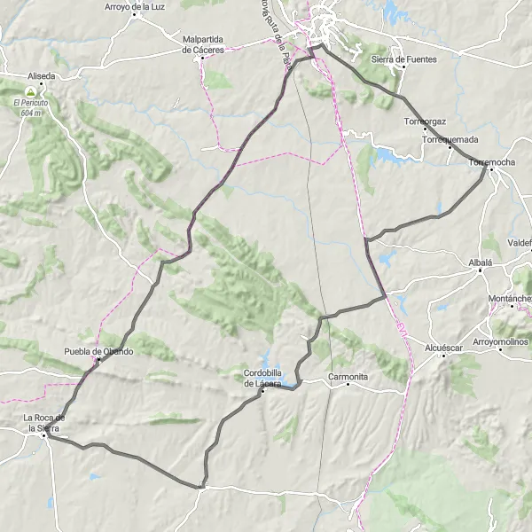 Miniatua del mapa de inspiración ciclista "Ruta de Carretera desde Puebla de Obando" en Extremadura, Spain. Generado por Tarmacs.app planificador de rutas ciclistas