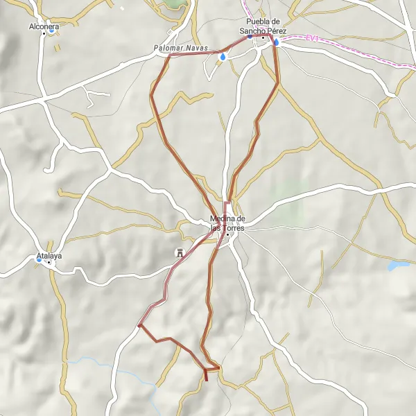 Miniatua del mapa de inspiración ciclista "Ruta de Gravel en Puebla de Sancho Pérez" en Extremadura, Spain. Generado por Tarmacs.app planificador de rutas ciclistas