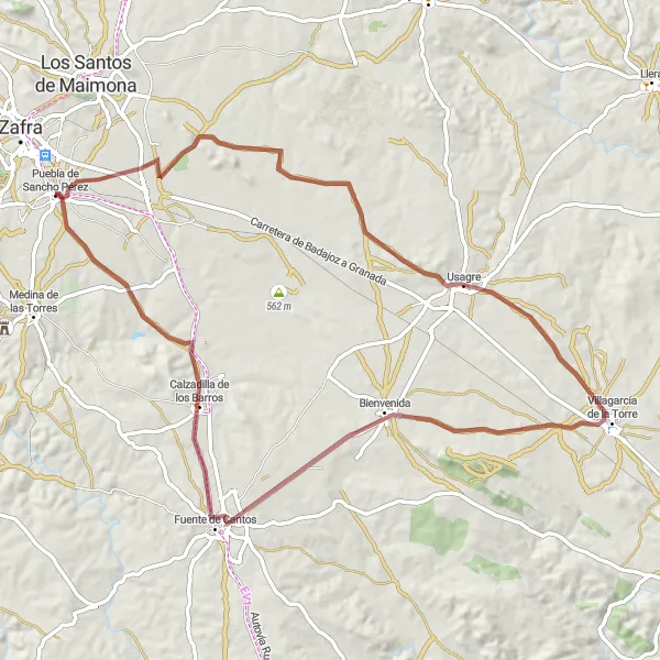 Miniatua del mapa de inspiración ciclista "Ruta de Usagre" en Extremadura, Spain. Generado por Tarmacs.app planificador de rutas ciclistas