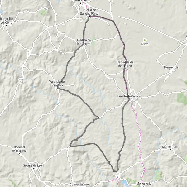 Miniatua del mapa de inspiración ciclista "Ruta en Bicicleta de Carretera a Valencia del Ventoso" en Extremadura, Spain. Generado por Tarmacs.app planificador de rutas ciclistas