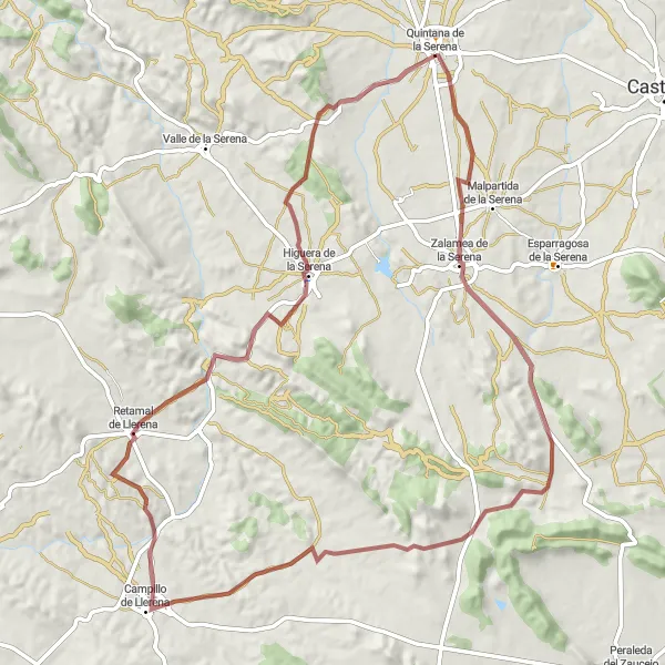 Map miniature of "Challenging gravel route to Zalamea de la Serena" cycling inspiration in Extremadura, Spain. Generated by Tarmacs.app cycling route planner