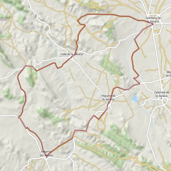 Map miniature of "Gravel loop from Quintana de la Serena" cycling inspiration in Extremadura, Spain. Generated by Tarmacs.app cycling route planner