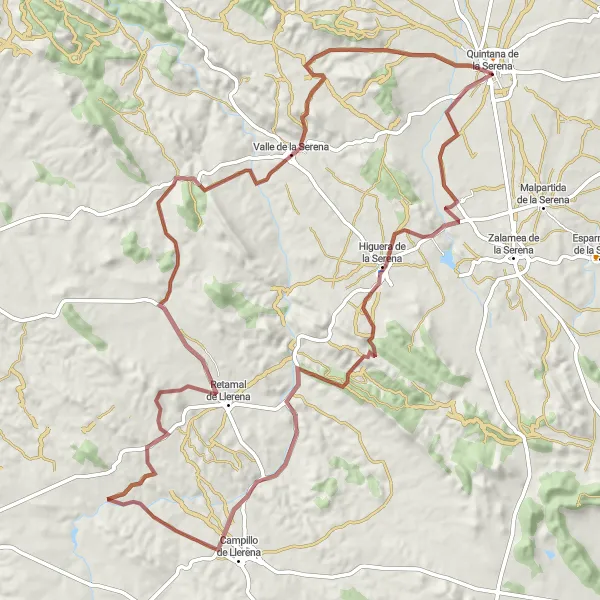 Map miniature of "Higuera de la Serena Gravel Challenge" cycling inspiration in Extremadura, Spain. Generated by Tarmacs.app cycling route planner