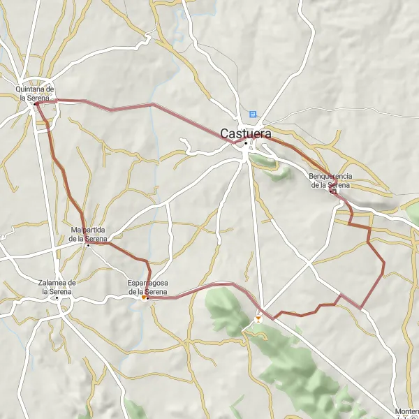 Miniatuurkaart van de fietsinspiratie "Gravel Fietsroute rond Quintana de la Serena" in Extremadura, Spain. Gemaakt door de Tarmacs.app fietsrouteplanner