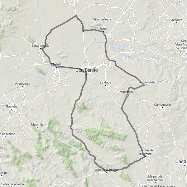 Miniatua del mapa de inspiración ciclista "Ruta en Bicicleta de Carretera a Valle de la Serena" en Extremadura, Spain. Generado por Tarmacs.app planificador de rutas ciclistas