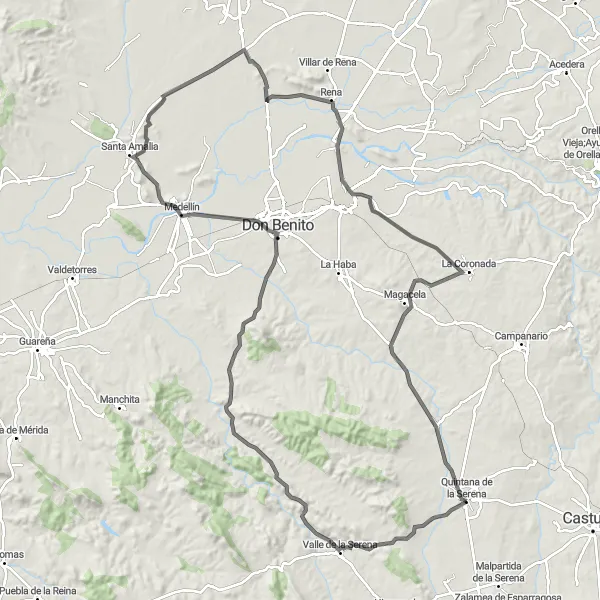 Map miniature of "Scenic road cycling loop through Quintana de la Serena" cycling inspiration in Extremadura, Spain. Generated by Tarmacs.app cycling route planner