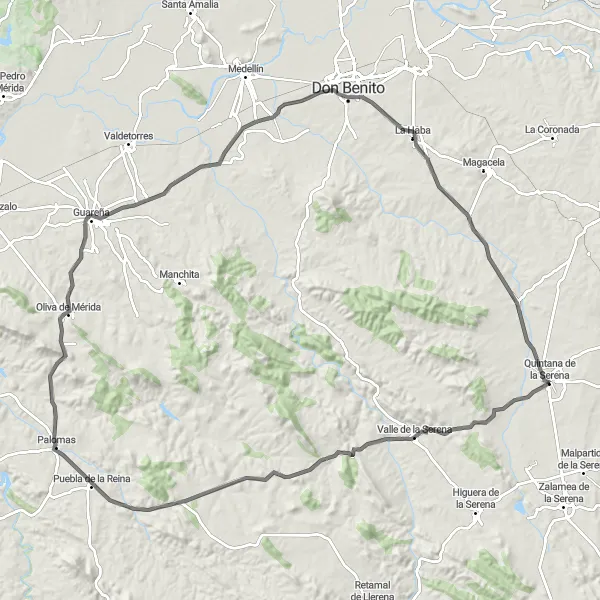 Miniatua del mapa de inspiración ciclista "Ruta en Bicicleta de Carretera a Valle de la Serena" en Extremadura, Spain. Generado por Tarmacs.app planificador de rutas ciclistas