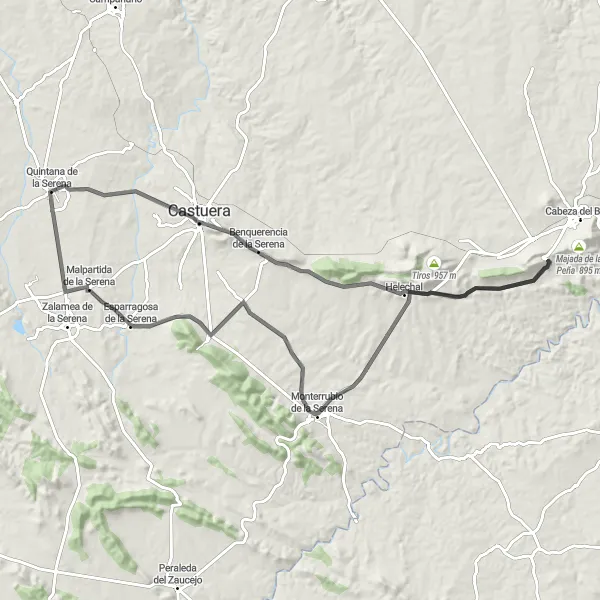 Map miniature of "Benquerencia de la Serena and Esparragosa de la Serena Circuit" cycling inspiration in Extremadura, Spain. Generated by Tarmacs.app cycling route planner