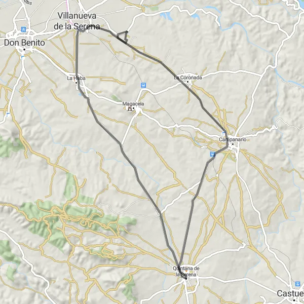 Map miniature of "Quintana de la Serena to La Coronada Loop" cycling inspiration in Extremadura, Spain. Generated by Tarmacs.app cycling route planner