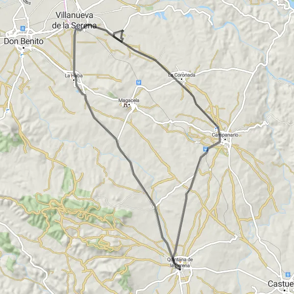 Miniatuurkaart van de fietsinspiratie "Rondrit Fietsroute nabij Quintana de la Serena (Extremadura, Spanje)" in Extremadura, Spain. Gemaakt door de Tarmacs.app fietsrouteplanner