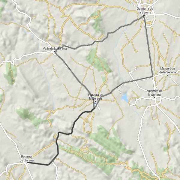 Miniatua del mapa de inspiración ciclista "Ruta en bicicleta de carretera desde Quintana de la Serena" en Extremadura, Spain. Generado por Tarmacs.app planificador de rutas ciclistas
