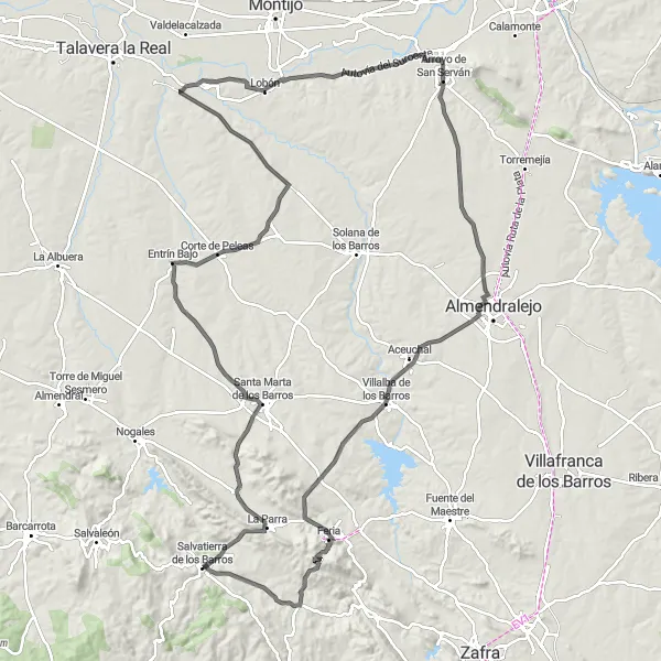 Miniatua del mapa de inspiración ciclista "Ruta de las Villas Barrosas" en Extremadura, Spain. Generado por Tarmacs.app planificador de rutas ciclistas