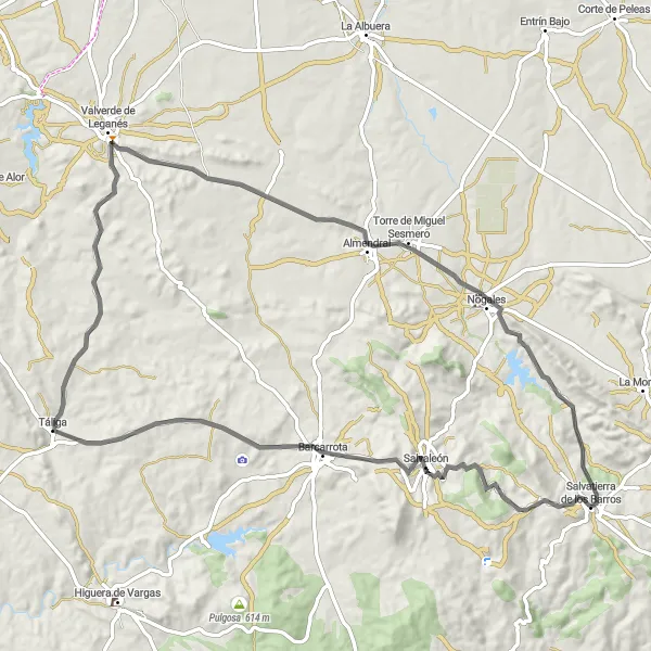 Miniatua del mapa de inspiración ciclista "Ruta Panorámica en Bicicleta de Carretera a través de Salvaleón y Nogales" en Extremadura, Spain. Generado por Tarmacs.app planificador de rutas ciclistas