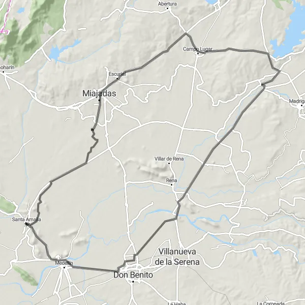 Map miniature of "Valley Escape" cycling inspiration in Extremadura, Spain. Generated by Tarmacs.app cycling route planner