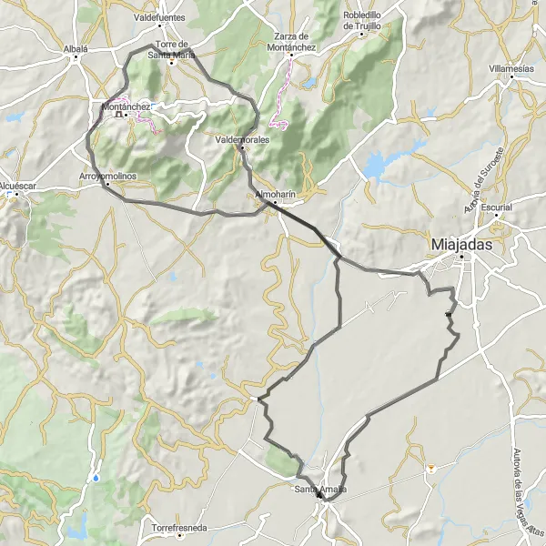 Miniatua del mapa de inspiración ciclista "Ruta de Santa Amalia a Valdehornillos por carretera" en Extremadura, Spain. Generado por Tarmacs.app planificador de rutas ciclistas