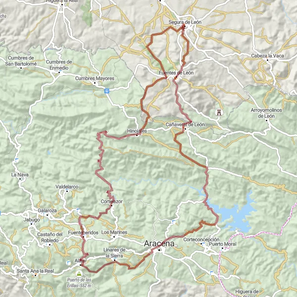 Miniatua del mapa de inspiración ciclista "Ruta de Montañas y Aldeas Ocultas de Cortelazor" en Extremadura, Spain. Generado por Tarmacs.app planificador de rutas ciclistas