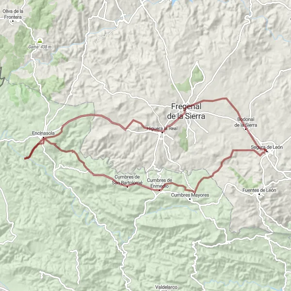 Miniatura mapy "Trasa rowerowa ze Spectacled Bear Sanctuary do Higuera la Real" - trasy rowerowej w Extremadura, Spain. Wygenerowane przez planer tras rowerowych Tarmacs.app