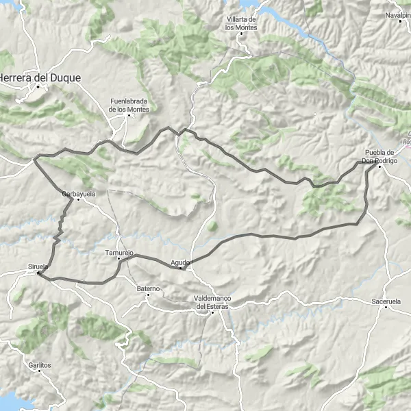 Miniatua del mapa de inspiración ciclista "Ruta de Garbayuela a Agudo" en Extremadura, Spain. Generado por Tarmacs.app planificador de rutas ciclistas