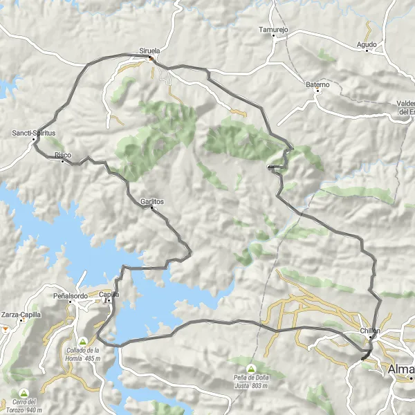 Miniatua del mapa de inspiración ciclista "Ruta de Siruela a Risco y Chillón" en Extremadura, Spain. Generado por Tarmacs.app planificador de rutas ciclistas