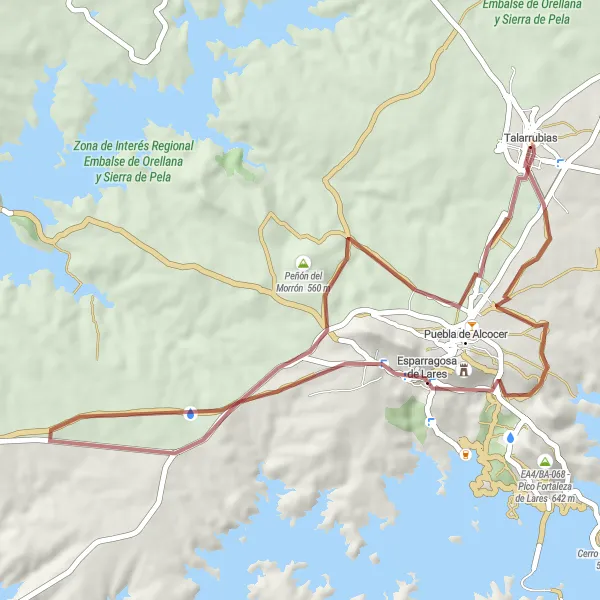 Miniatuurkaart van de fietsinspiratie "Gravel fietsroute door Esparragosa de Lares, Puebla de Alcocer en Talarrubias" in Extremadura, Spain. Gemaakt door de Tarmacs.app fietsrouteplanner