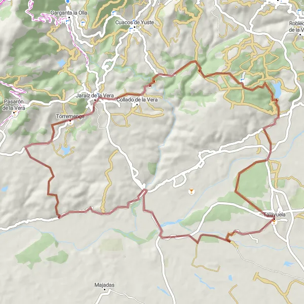 Miniatua del mapa de inspiración ciclista "Ruta de grava a Torremenga, Collado de la Vera y Talayuela" en Extremadura, Spain. Generado por Tarmacs.app planificador de rutas ciclistas