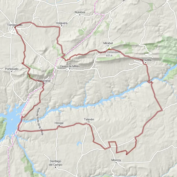 Miniatua del mapa de inspiración ciclista "Recorrido aventurero a Cañaveral y Mirabel" en Extremadura, Spain. Generado por Tarmacs.app planificador de rutas ciclistas