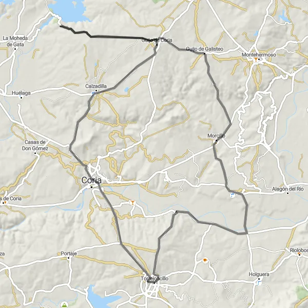 Miniatua del mapa de inspiración ciclista "Paisajes espectaculares de Coria y Morcillo" en Extremadura, Spain. Generado por Tarmacs.app planificador de rutas ciclistas