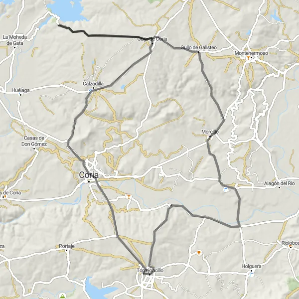 Map miniature of "Exploring the Road Landscapes of the Valle del Alagón" cycling inspiration in Extremadura, Spain. Generated by Tarmacs.app cycling route planner