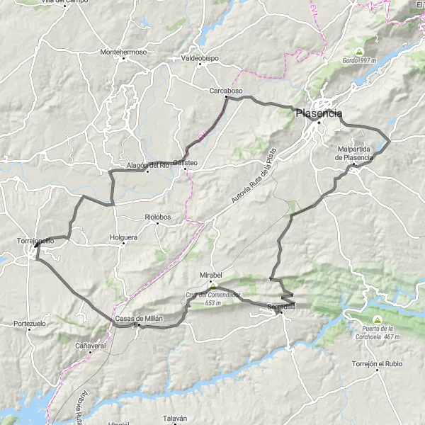 Miniatua del mapa de inspiración ciclista "Gran Ruta de los Pueblos de la Vera" en Extremadura, Spain. Generado por Tarmacs.app planificador de rutas ciclistas