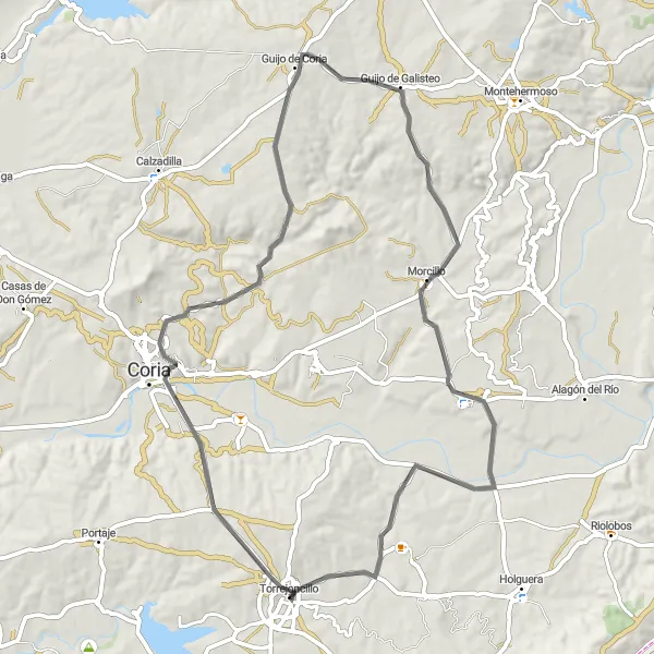 Miniatua del mapa de inspiración ciclista "Ruta del Valle del Alagón" en Extremadura, Spain. Generado por Tarmacs.app planificador de rutas ciclistas