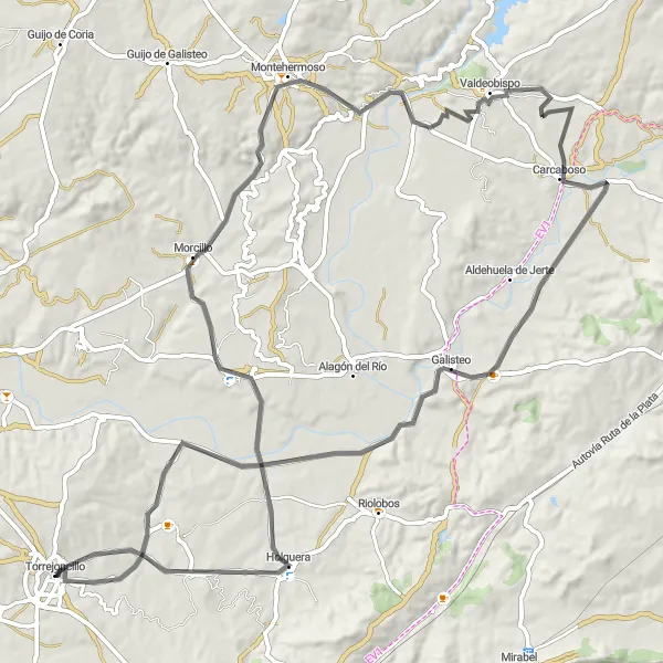 Miniatua del mapa de inspiración ciclista "Ruta de Holguera y Galisteo" en Extremadura, Spain. Generado por Tarmacs.app planificador de rutas ciclistas