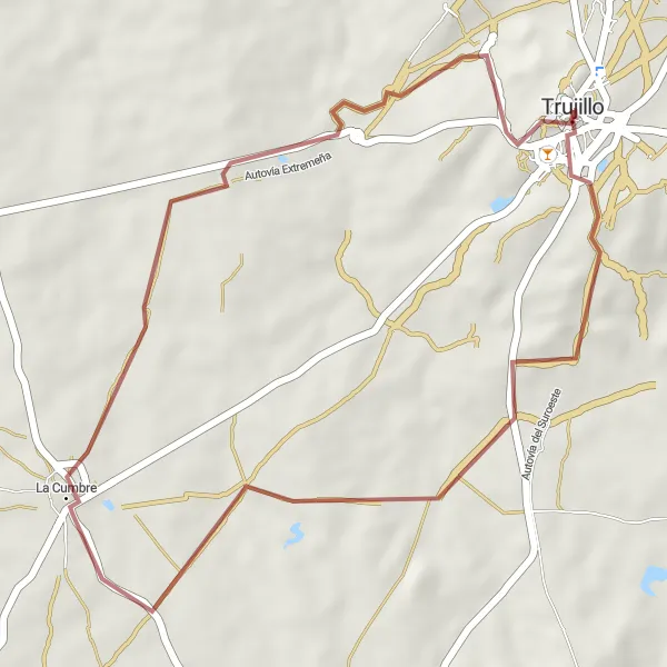 Map miniature of "Gravel route near Trujillo with stunning highlights" cycling inspiration in Extremadura, Spain. Generated by Tarmacs.app cycling route planner