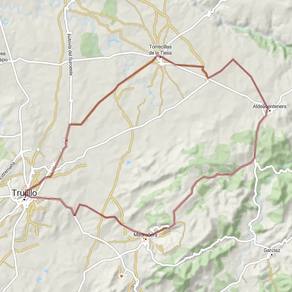 Miniatua del mapa de inspiración ciclista "Aventura en bicicleta por Madroñera y Carreterra Tiesa" en Extremadura, Spain. Generado por Tarmacs.app planificador de rutas ciclistas