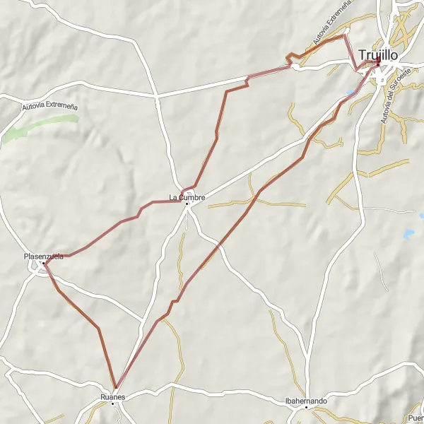 Miniatua del mapa de inspiración ciclista "Ruta de grava hacia Alcázar de los Bejarano" en Extremadura, Spain. Generado por Tarmacs.app planificador de rutas ciclistas